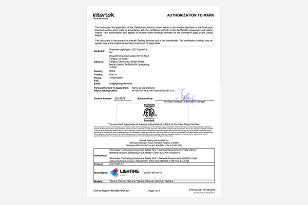 La pantalla LED de la serie TURBINE tiene certificación ETL